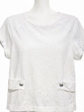 Zara Women’s White Short Sleeve Tee with Tab Silver Metal Button Details